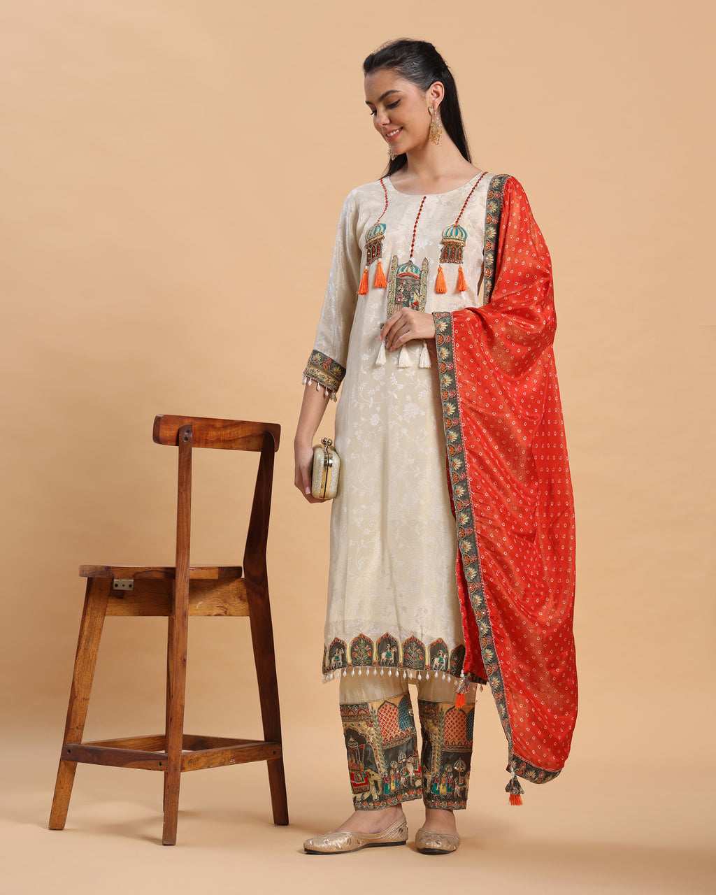 Anaya - White–Orange Jacquard