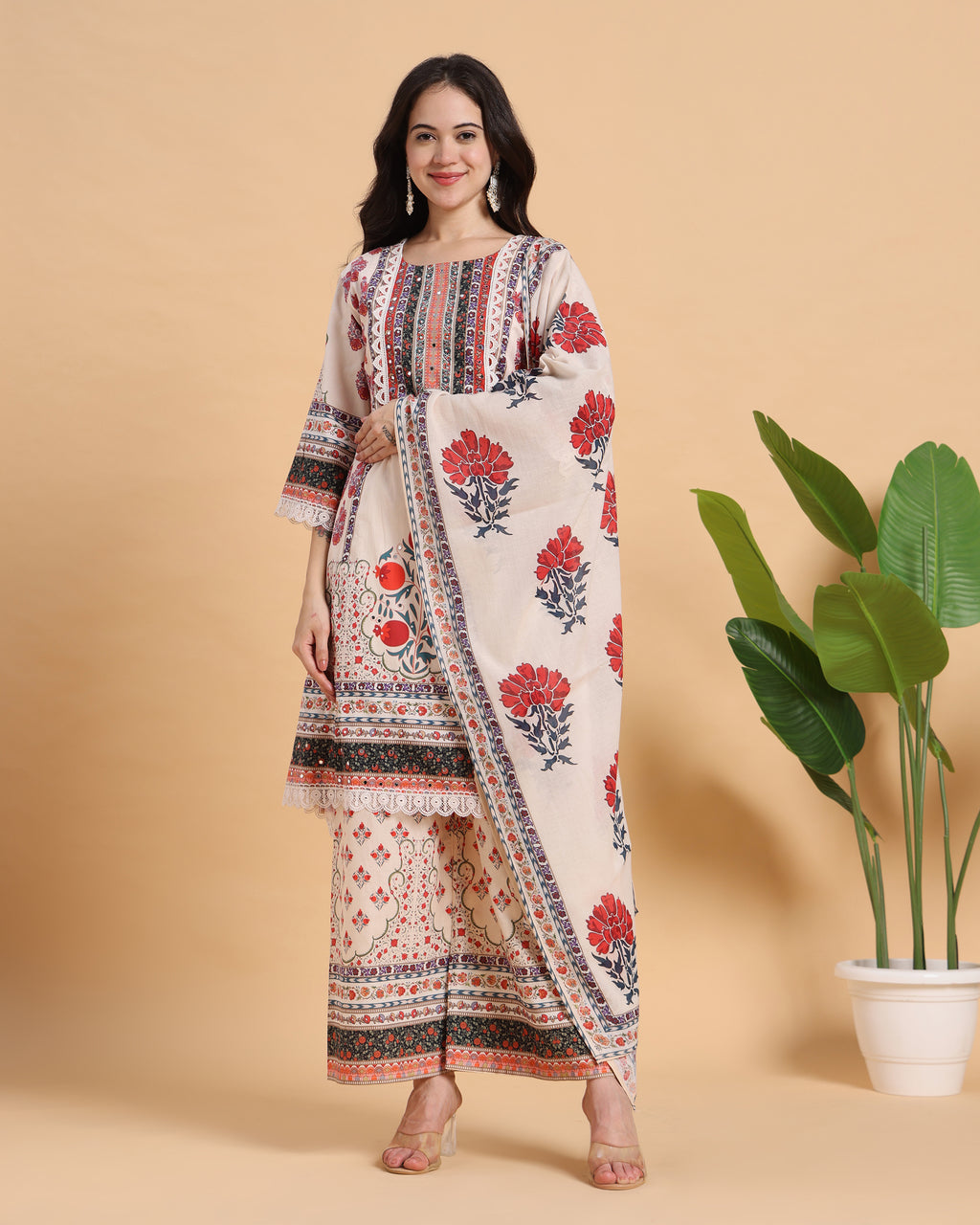 Saanvi - White & Red Casual Cotton